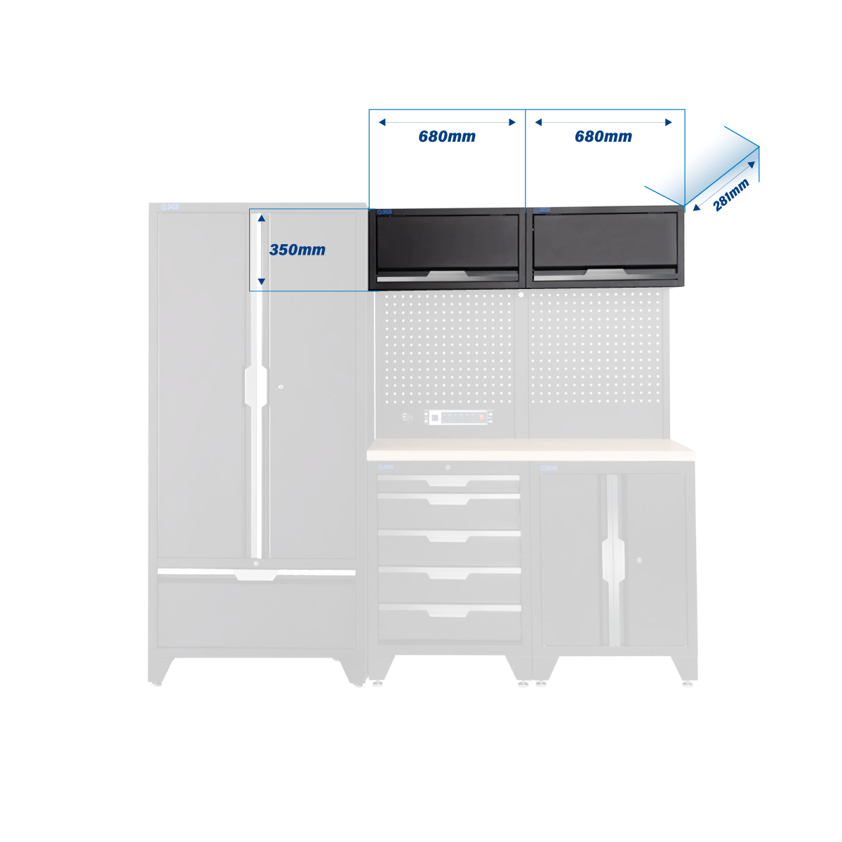 SGS 7pc Garage Storage System | 5 Drawers | Pressed Wood Worktop | Tall Double Cabinet with Drawer | Pegboard with Power Strip